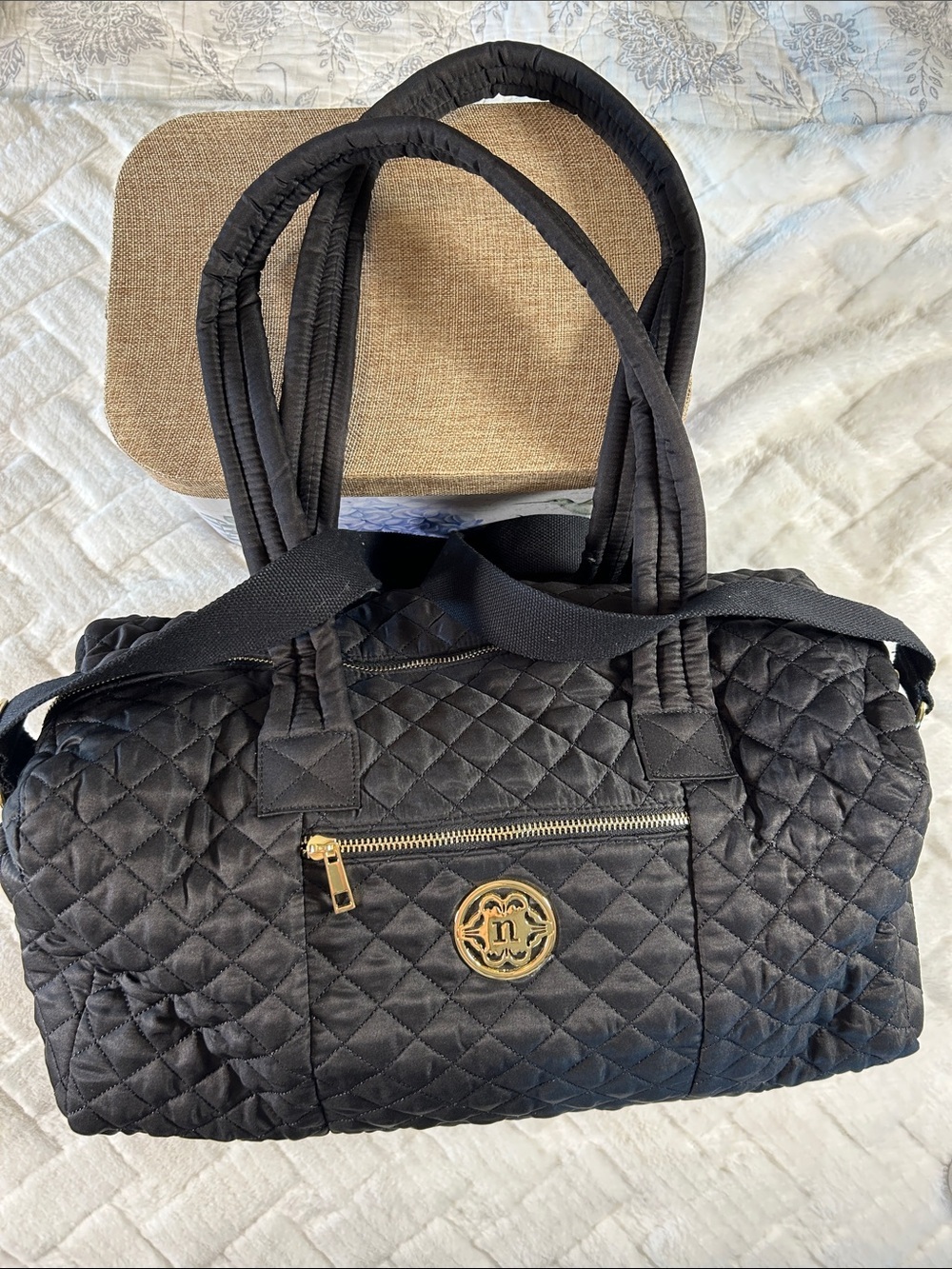 Nanette Lepore Black Quilted Duffel with Gold Emblem